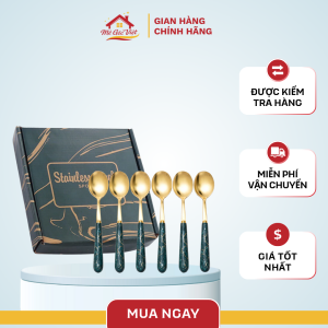 Thìa Ăn Mạ Vàng Cán Sứ Ilox Sang Trọng Dùng Cho Bàn Ăn(set/6c)