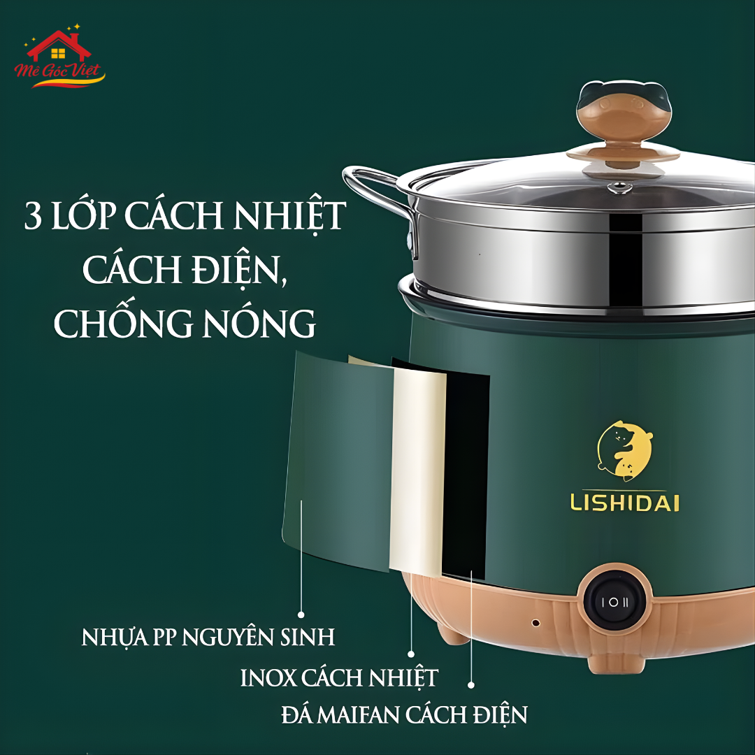 Nồi lẩu điện mini đa năng, nồi điện đa năng nướng luộc nấu mì 2 tầng kèm giá hấp dung tích 1.8L chống dính - Ảnh 3