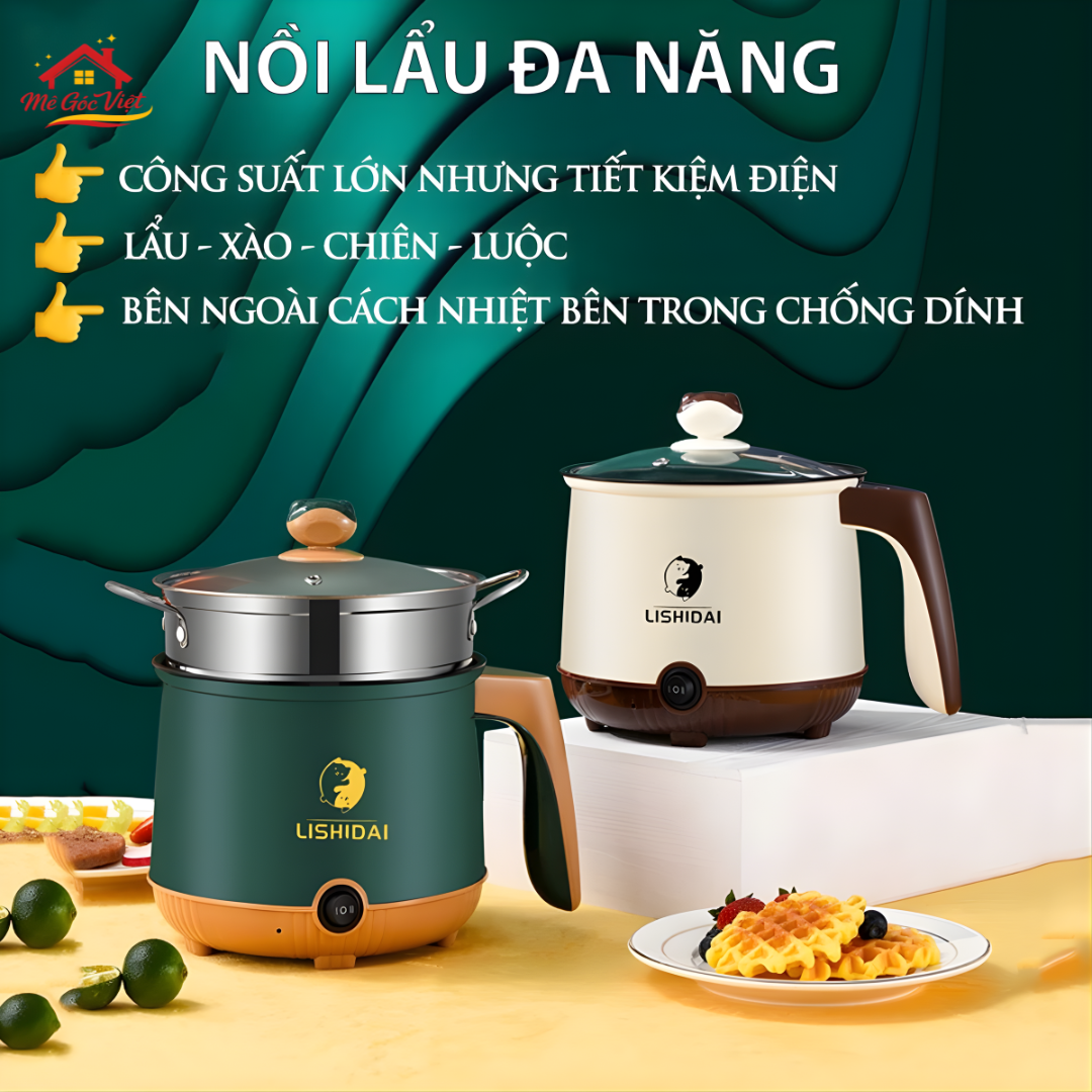 Nồi lẩu điện mini đa năng, nồi điện đa năng nướng luộc nấu mì 2 tầng kèm giá hấp dung tích 1.8L chống dính - Ảnh 4
