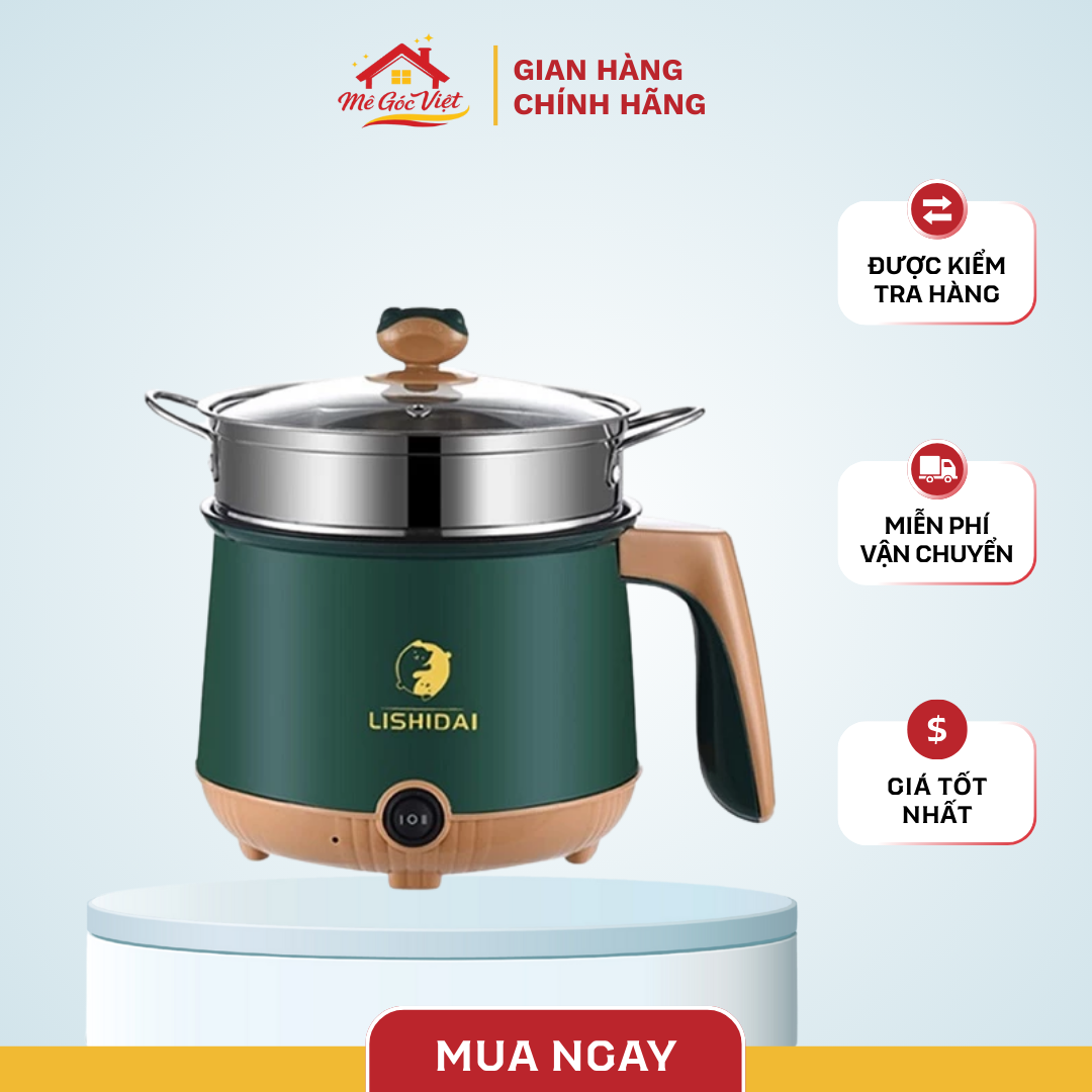 Nồi lẩu điện mini đa năng, nồi điện đa năng nướng luộc nấu mì 2 tầng kèm giá hấp dung tích 1.8L chống dính