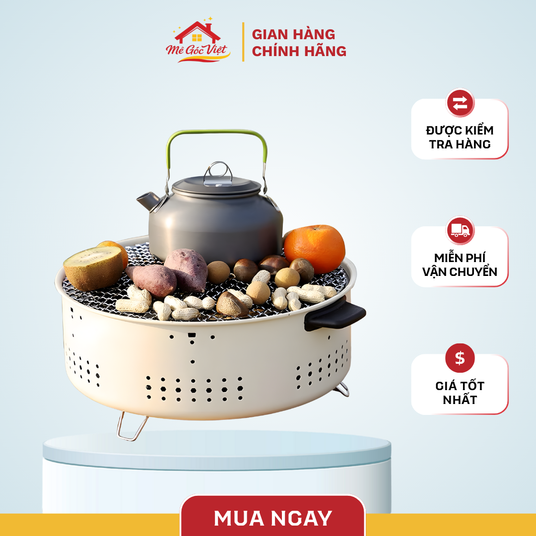 Bếp nướng than hoa tròn không khói, lò nướng thịt, khoai, sưởi ấm chất liệu thép chịu nhiệt an toàn