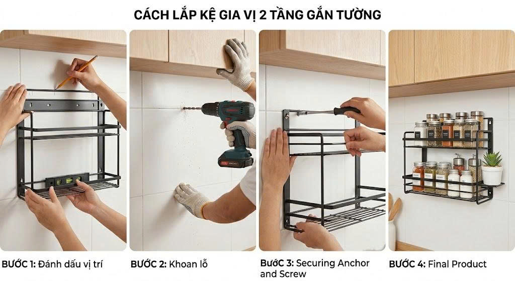 Cách lắp kệ gia vị 2 tầng gắn tường/treo tủ